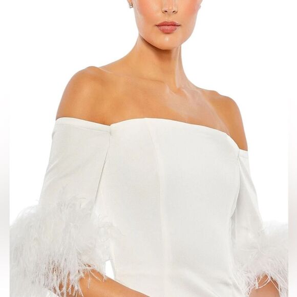 Mac Duggal 11441 White Feather Trim Off The Shoulder Column Gown | Size 10 - Picture 3 of 13
